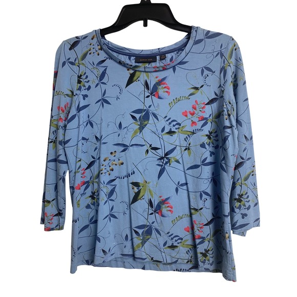 Amber Sun Tops - Amber Sun Blue Floral Botanical Print 3/4 Sleeve Knit‎ Top Size M